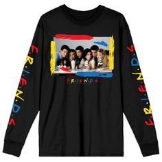 Celebrate the gift of friendship with this Friends TV tee. The shirt features a photo of the cast surrounded by red, yellow, and blue paint strokes while red, yellow, and blue letters spell out the series logo on each sleeve. The tee comes in a black long sleeve crew neck. Fans of the Friends sitcom will love this comfy and cozy tee. Paint Strokes, Black Graphic Tees, Friends Tv Show, Friends Tv, Friends Shirt, Black Long Sleeve, Black Tee, Fitness Fashion, Top Shirt