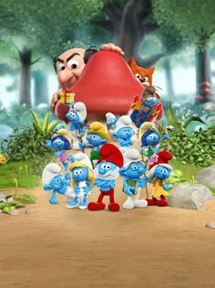 the smurfs are standing in front of a large red object and some trees