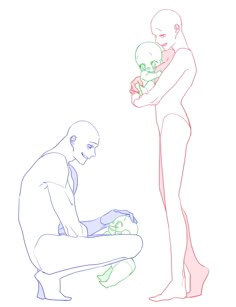 a drawing of a man holding a baby in his lap while another person holds him