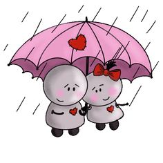 two little elephants under an umbrella in the rain with hearts on their heads and arms