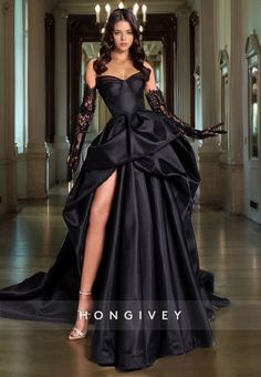 Prom Dress With Gloves, Black Satin Prom Dress, Concept Ideas, Satin Evening Dresses, Ball Gowns Evening, Gown Prom, فستان سهرة, Pageant Dress, Satin Prom Dress