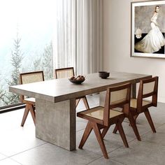 a dining room table with chairs and a painting on the wall behind it, in front of a window