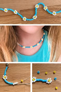 four different pictures showing how to make beaded necklaces with beads and flowers on them