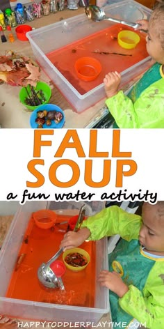 two children playing with water and spoons in a plastic tray that says fall soup