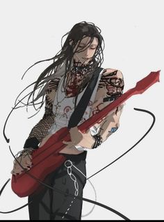 a man with long hair holding a red guitar