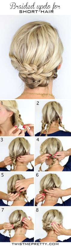 Having trouble dressing your short tresses?  Find this simple and elegant braided updo at twistmepretty.com! Short Updo, Updo For Short Hair, Updo Hairstyles Tutorials, Diy Wedding Hair, Updo Tutorial, Fishtail Braid, Pretty Braided Hairstyles, Braided Hairstyles Updo