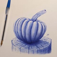 a pencil drawing of a pumpkin sitting on top of a piece of wood next to a blue marker