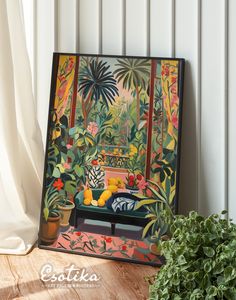 a painting is shown on the wall next to a potted plant and window sill