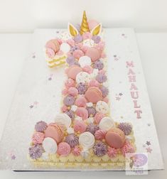 a birthday cake decorated with pink, purple and white frosting