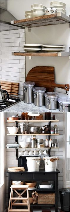 the shelves in this kitchen are full of pots and pans