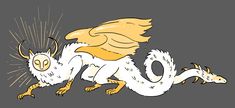 an illustration of a white dragon with yellow wings and horns on it's back legs