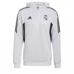 the adidas sweatshirt in white with black stripes on the chest and hoodie at the bottom