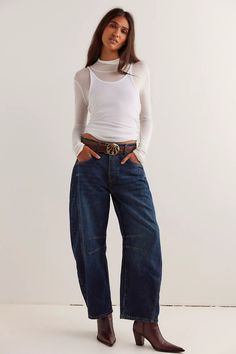 We The Free Good Luck Mid-Rise Barrel Jeans | Free People Effortless Jeans Outfit, Chic Baggy Mid-rise Jeans, Styling Barrel Jeans, Style Barrel Jeans, Free People Barrel Jeans Outfit, Barrel Jeans Street Style, Going Out Outfits Fall, Dark Wash Jeans Outfit, Low Rise Baggy Jeans Outfit