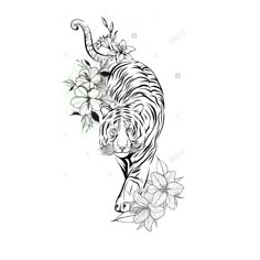 a tiger with flowers on its back and the tail is drawn in black ink by hand