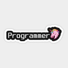 a sticker with the word programming and a unicorn's head in black on it