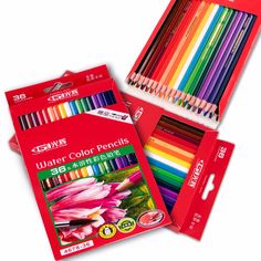 a box of watercolor pencils with colored pencils in the front and on the back