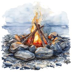 a drawing of a campfire with rocks and logs