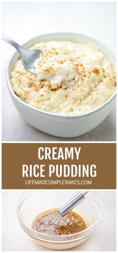 creamy rice pudding in a bowl with a spoon