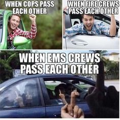 the meme shows how to drive a car with two thumbs up and one saying, when cops pass each other