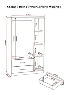 the measurements for a closet with drawers and shelves