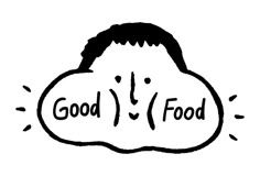 a black and white drawing of a cloud with the words good food written on it