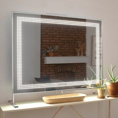 a mirror that is sitting on top of a table next to a potted plant