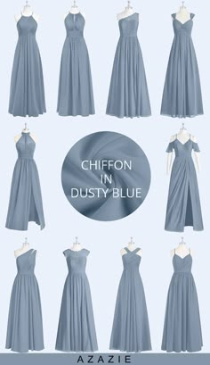 different types of dresses on display in front of a blue background with the words chiffon