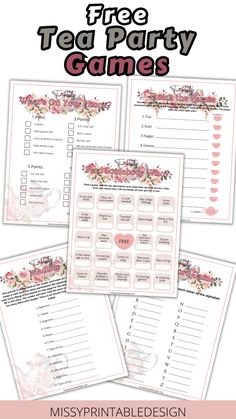 Free Printable Tea Party Games - MissyPrintableDesign Tea Party Games For Women Ice Breakers, Games For Tea Party Free Printable, Tea Party Bingo Free Printable, Ladies Tea Party Games, Tea Party Games For Women Ideas, Yea Party Games, High Tea Games, Tea Party Trivia Free Printable, Adult Tea Party Games