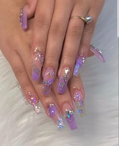 Clear Purple Acrylic Nails, Purple Clear Nails, Purple Medium Nails, Clear Purple Nails, Purple And Silver Nails Acrylic, Purple Silver Nails, Purple Birthday Nails, Nude Nails Ideas, Nail Art Design 2023