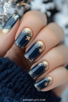 Get ready to embrace the winter vibes with these 30+ best December nail ideas for 2024! From frosty blue and silver combinations to cozy sweater textures and glittery festive designs, these nail art ideas will elevate your look all month long. Choose chic minimalist styles, playful holiday patterns, or bold options featuring snowflakes, candy canes, and twinkling lights. #DecemberNails #WinterNailIdeas #HolidayNailTrends #NailDesigns2024 Blue And Gold Holiday Nails, Navy And Gold Christmas Nails, December Nails Ideas, December Nail Designs, December Nail Ideas, Gold Holiday Nails, Festive Manicure, Navy Blue Nails, Dark Red Nails