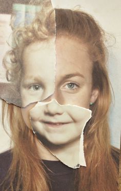 a child's face has been cut in half to make a paper collage