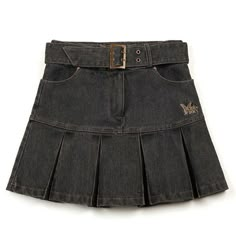 This mid-rise pleated mini skirt has a washed denim construction, an adjustable buckled grommet belt, a front zip closure. Material: Denim Downtown Girl Aesthetic Clothes, Aesthetic Clothes Outfits, Downtown Girl Aesthetic, Grommet Belt, Aesthetic Clothing Stores, Fairycore Aesthetic, Artsy Outfit, Beaded Prom Dress, Illusion Dress