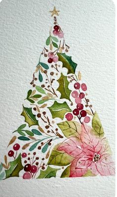 a watercolor painting of a christmas tree with holly and poinsettis on it