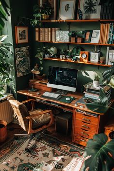 a home office with plants and books on the shelves, along with a computer desk