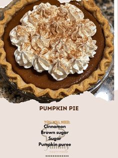 there is a pie with whipped cream on top and pumpkin pie in the bottom corner