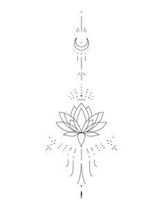 a line drawing of a lotus flower with the sun in the background and stars above it