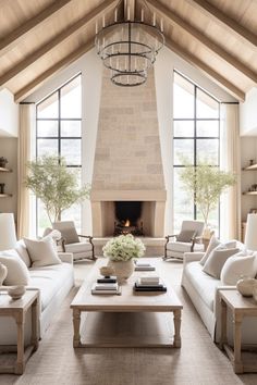 a living room filled with furniture and a fire place in the middle of a room