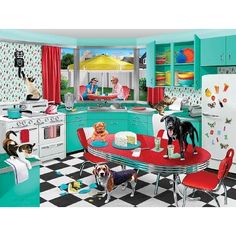 a kitchen filled with dogs and cats sitting at a table next to a stove top oven