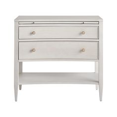 a white dresser with two drawers and one drawer on the bottom, in front of a white background