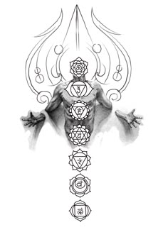 a drawing of the seven chakras in black and white