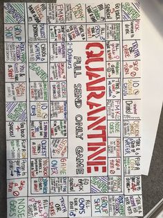 a poster with words written on it that say quarannine and other things