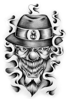 a drawing of a clown wearing a hat with flames around it and the number eight on his face