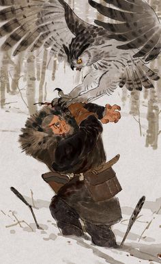 an illustration of a man in the snow with a falcon on his shoulder and another bird flying over him