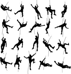 silhouettes of people hanging on ropes in various poses and positions, one man is holding the rope