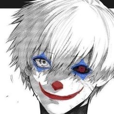 a drawing of a clown with white hair and blue eyes