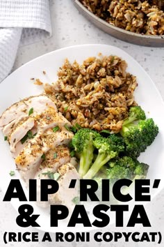 a white plate topped with rice and meat next to broccoli