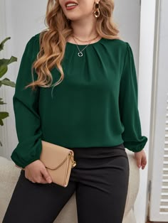 Dark Green Casual Collar Long Sleeve Fabric Plain Top Embellished Non-Stretch  Women Plus Clothing Affordable Green Blouse Piece For Festive Occasions, Emerald Green Sweater Blouse, Green Emerald Shirt, Dark Green Blouse Outfit, Winter Palette Outfits, Deep Winter Palette Outfits, Outfit Verde, Christmas Outfit Aesthetic, Deep Winter Palette