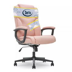 a pink office chair with the name serta on it's back and arms