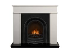 a white fireplace with a black mantle and fire in the center on a white background