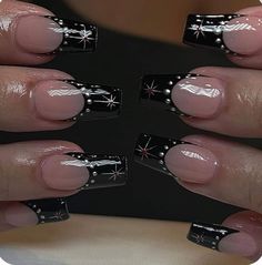 Black Fairy Nails, Cool French Tip Nail Designs, Black Nails Design, Chrome Nails Designs, Punk Nails, Goth Nails, Grunge Nails, Pearl Nails, Black Liner